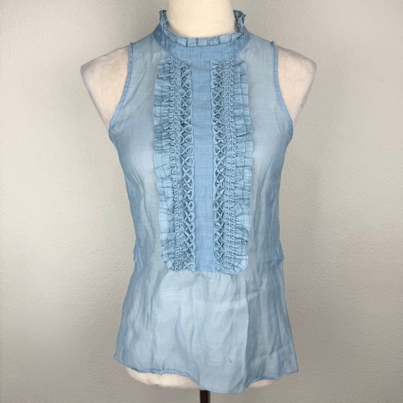 BCBGMaxAzria Tops - BCBGMAXAZRIA Light Blue Ruffle High Neck Sleeveless Sheer Tuxedo Top Size XS
